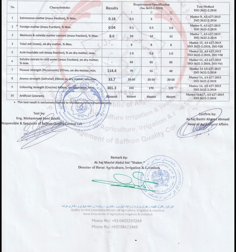 Certificat d’analyse du lot de safran SAFA